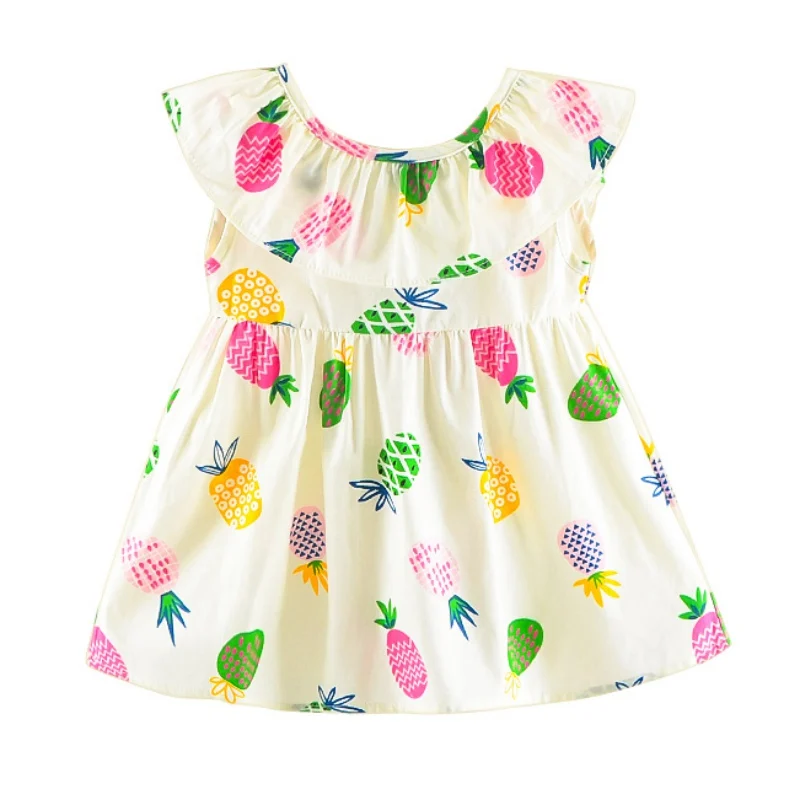 

High Quality Children's Dress Pineapple Printed Ribbon Behind the Ribbon Girls Dress Children's Wear Comfortable For Dressing