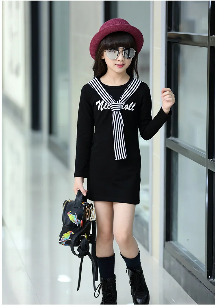 

1 Pcs 4T-12T Girl Dresses Navy Preppy Style Dresses Long Sleeves Cotton Girl Dresses Spring Summer Autumn