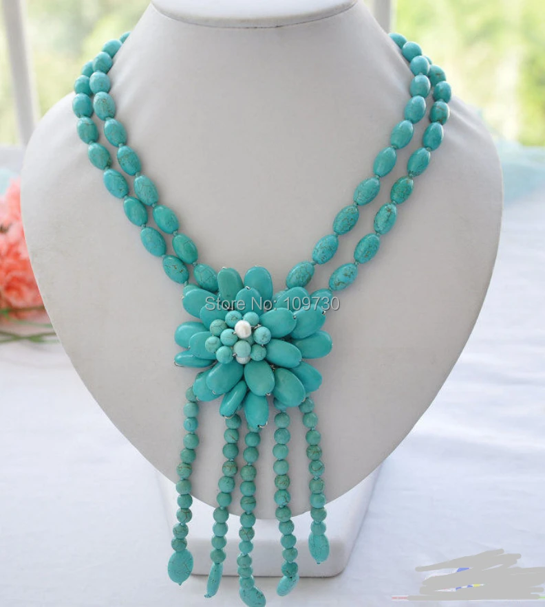 

Jewelr 00369 2row 18" blue rice round turquoise bead flower necklace