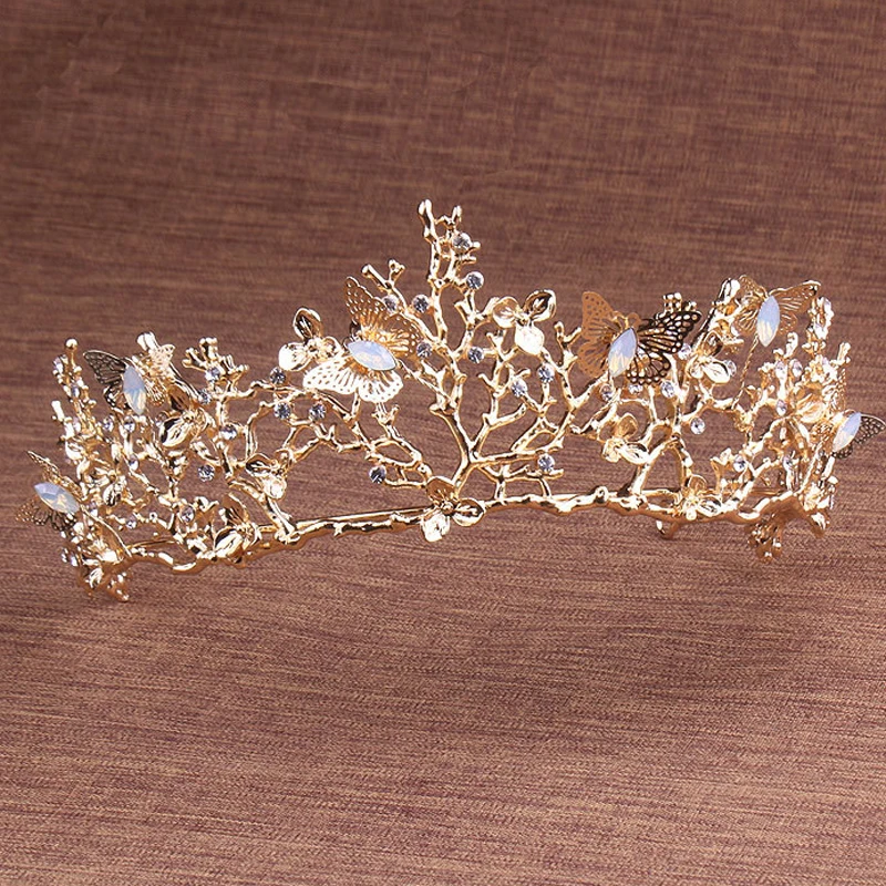 

Classic Gold Butterfly Wedding Hairband Opal Branch Baroque Bridal Crown And Tiara Headband For Crystal Women Hair Jewelry