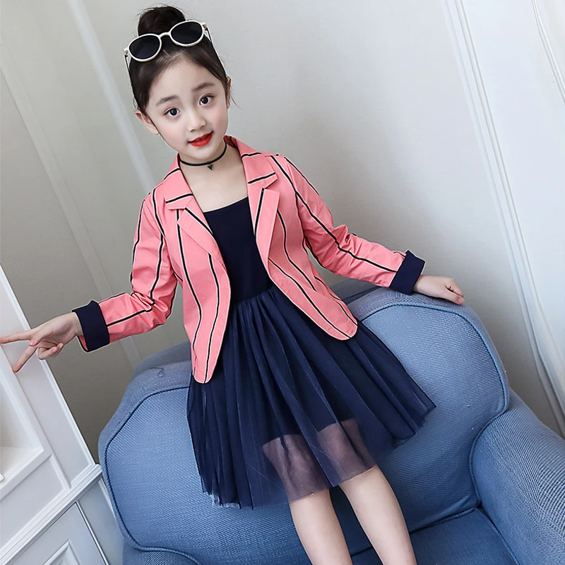 Модный костюм для девочек, юбка, костюм в полоску в Корейском стиле, куртка, платье, комплект из двух предметов, одежда для детей 5-14 лет