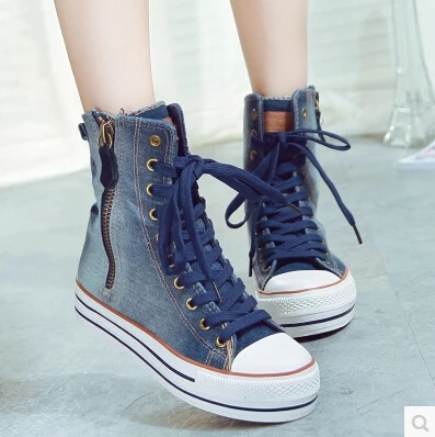 Women 2015 Spring High Top Lace Up Cowboy Canvas Shoes Denim Oblique Zipper Women's Casual Shoes