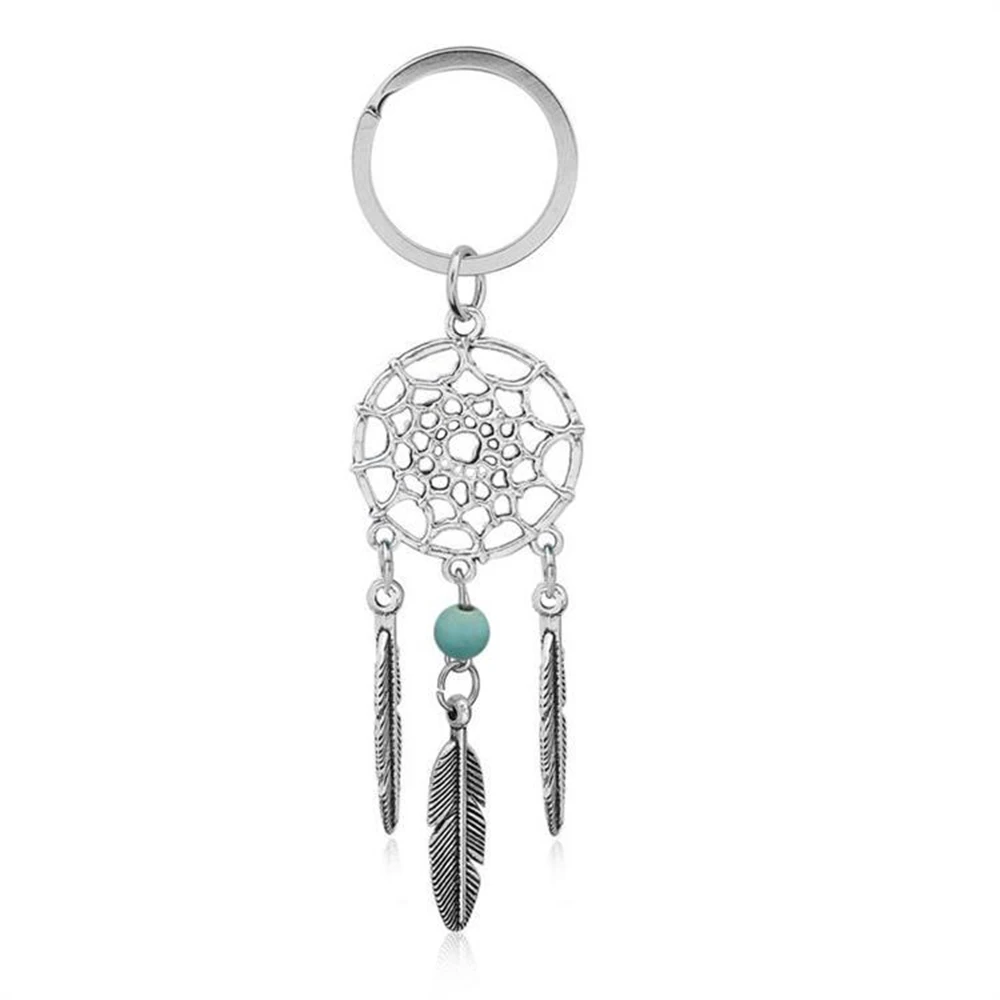 

SUKI Dreamcatcher Keychain Feather Tassel Antique Silver Key Holder Metal Beaded Key Chain Keyring Charm Bag Auto Pendant Gift