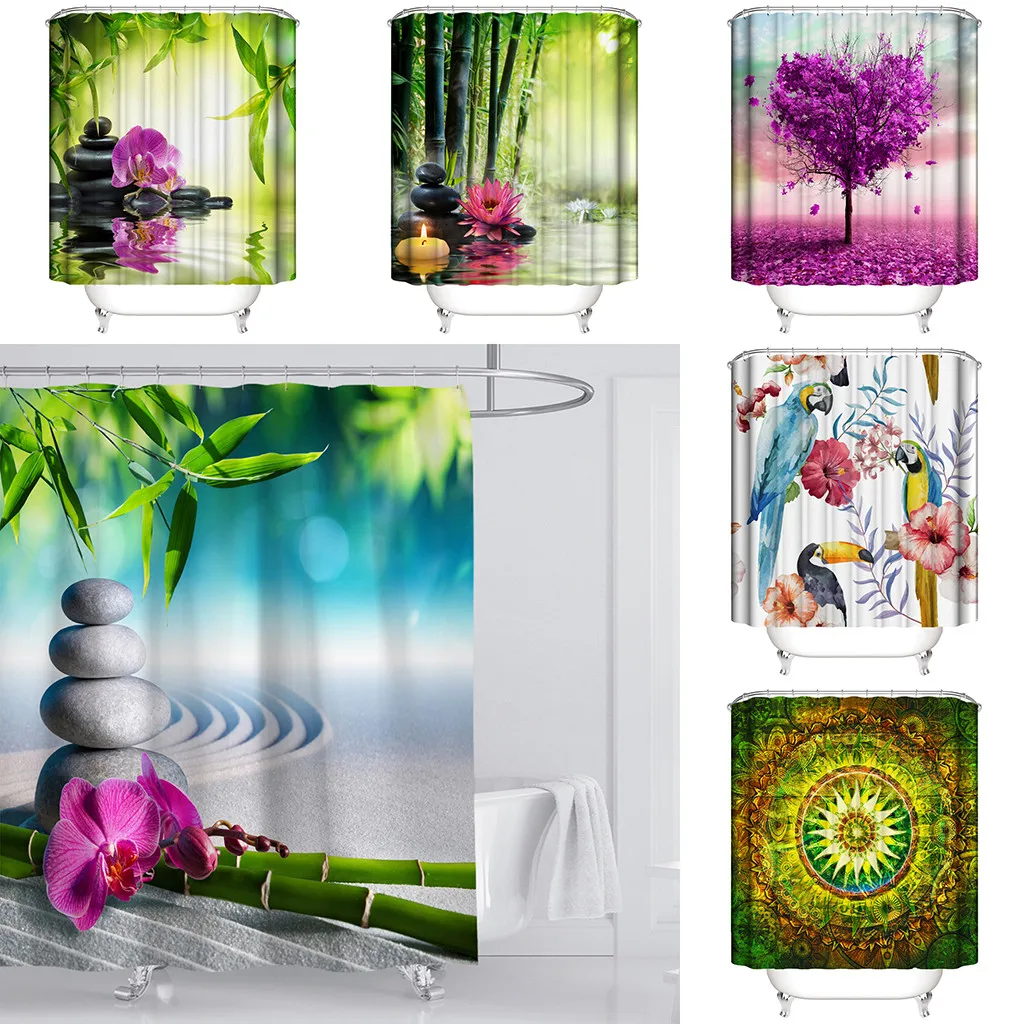 

Colorful Waterproof Non-slip Landscape Pattern Shower Curtain with 12 Hooks 3D Digital Printing Bathroom Polyester H0411