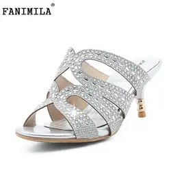 Fanimila Размеры 32-45 Для женщин высокий тонкий каблук Блеск Сандалии для девочек леди выдалбливают хрустальные открытый носок Обувь Для женщин
