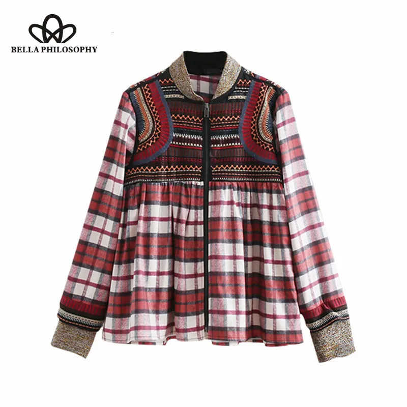 Wonder 2018 new Vintage Chic Embroidery Ruffled Plaid Jacket Coat Stand Collar Long Sleeve Lady Outerwear Casual Casaco Femme