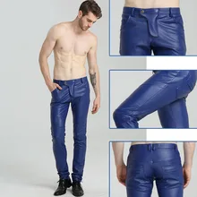 Модные мужские облегающие брюки из искусственной кожи, мужские кожаные брюки, весна-осень, высокие эластичные мужские мотоциклетные брюки, уличные брюки из искусственной кожи