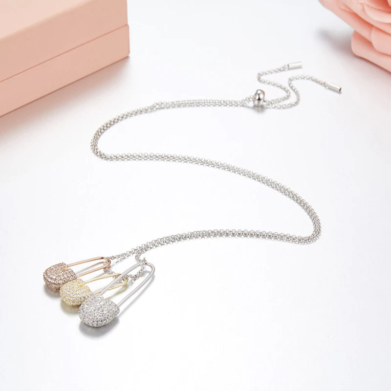 

925 Sterling Silver Inlaid Zircon Pin Push-pull Necklace Fashion Fits Monaco Jewelry with Ladies Party Gift Jewelry