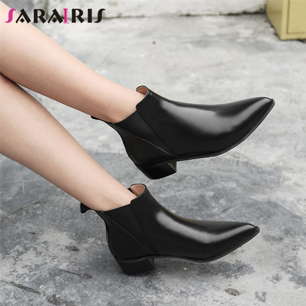 

SARAIRIS Genuine Cow Leather Pointed Toe Summer Boots Woman Shoes Chunky Heels Elastic Band Shoes Woman Ankle Boots Female