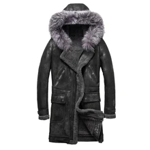 Роскошная мужская шуба из натуральной овчины с капюшоном из натурального меха серебристой лисы, мужская длинная верхняя одежда из овчины, черное мужское меховое пальто 4XL