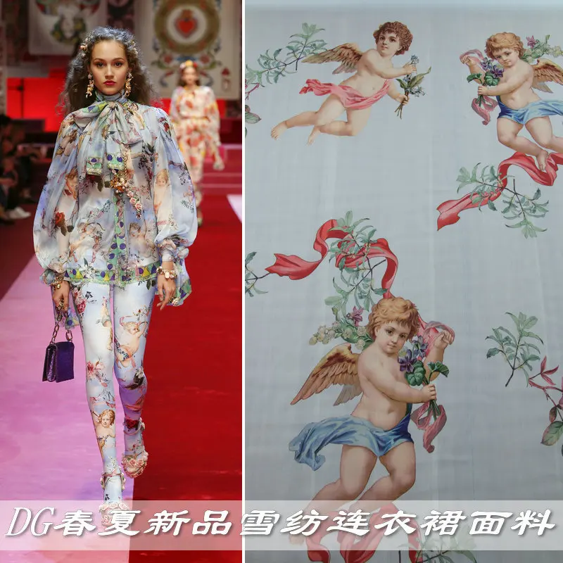 

chiffon fabric polyester Light Blue Happy Angel Printing Garment Handmade DIY Dress Material Shirt Cloth