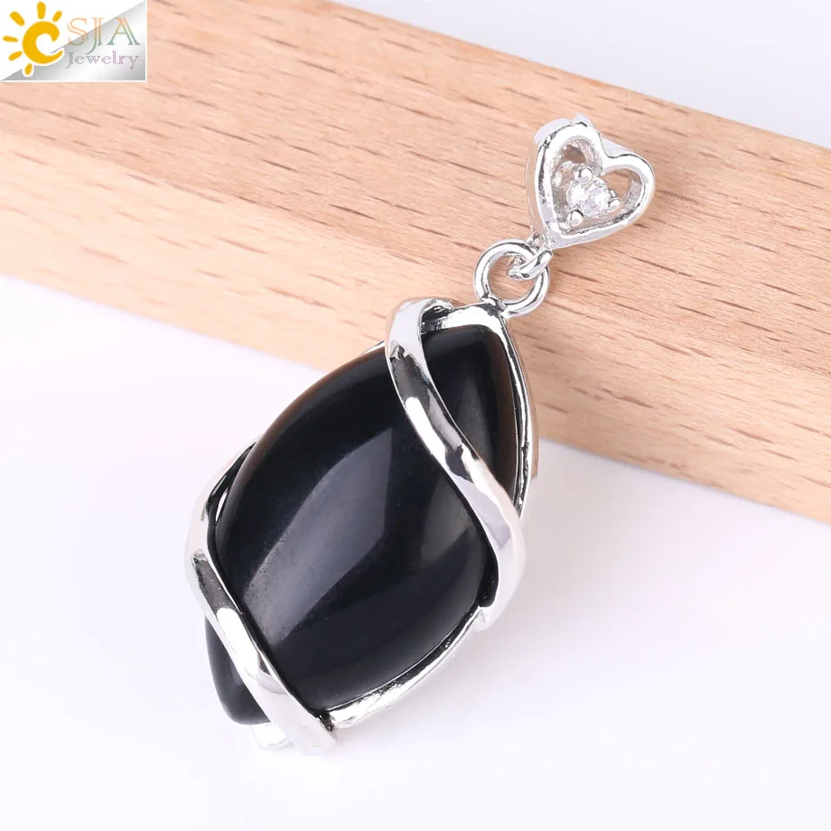 CSJA, классический кулон в форме глаза лошади, натуральные камни, маятник, серебряный цвет, подвески для ожерелья, для женщин и мужчин, модное ювелирное изделие F562 - Окраска металла: Black Onyx