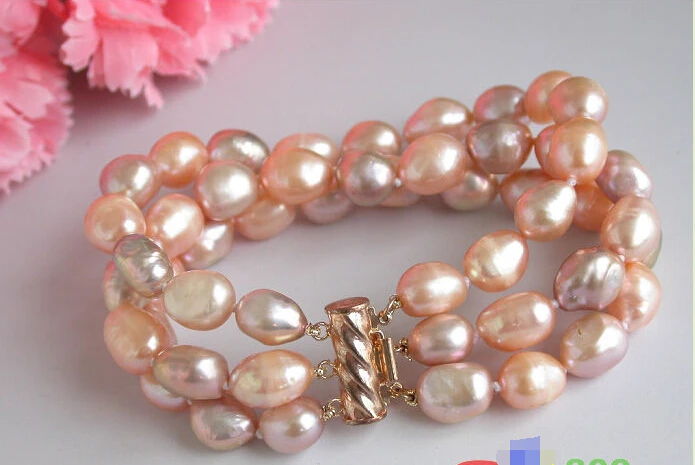 

P2847 3row 8" 12mm pink lavender baroque Freshwater cultured pearl bracelet Noble style Natural Fine jewe Fast (D) SHIPPING