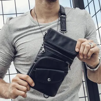

BULLCAPTAIN The first layer of Cowhide Leather Handbag men's leather chest bag multi-function 8 inch pockets