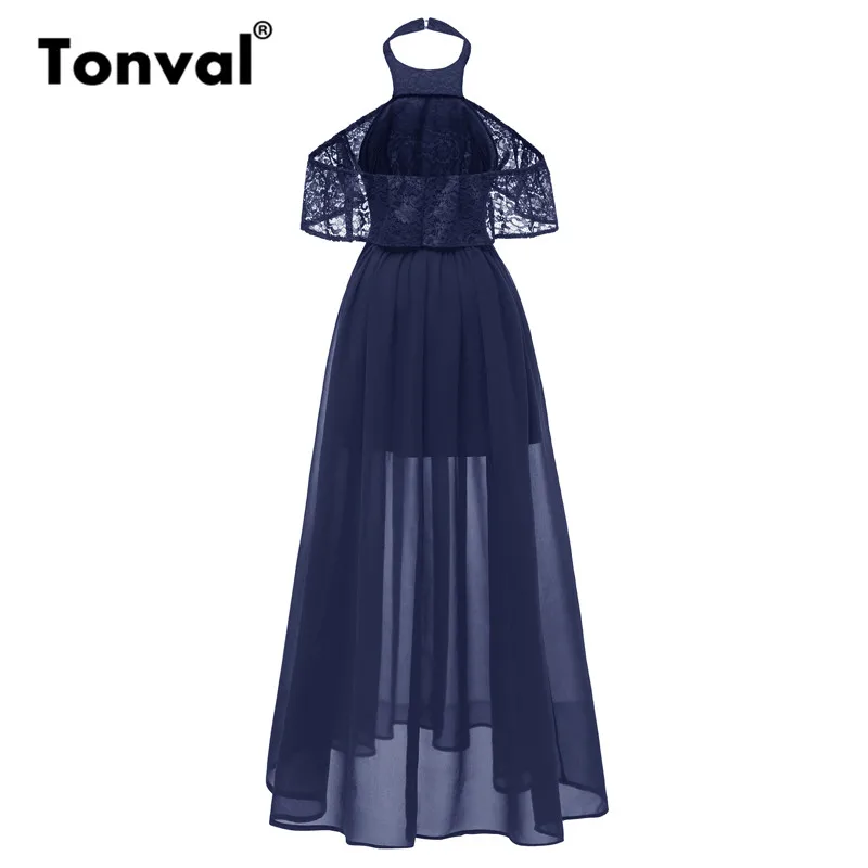 Tonval, винтажное шифоновое платье макси, кружевное, с рюшами, на бретелях, элегантное, с открытой спиной, платье для женщин, вечерние, с открытыми плечами, длинное платье