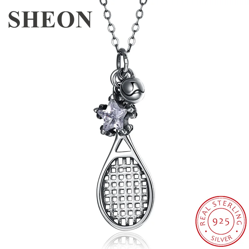 

SHEON 100% 925 Sterling Silver Vintage Tennis Racket & Star Cubic Zircon Necklaces Fashion Jewelry for Women Anniversary Gift