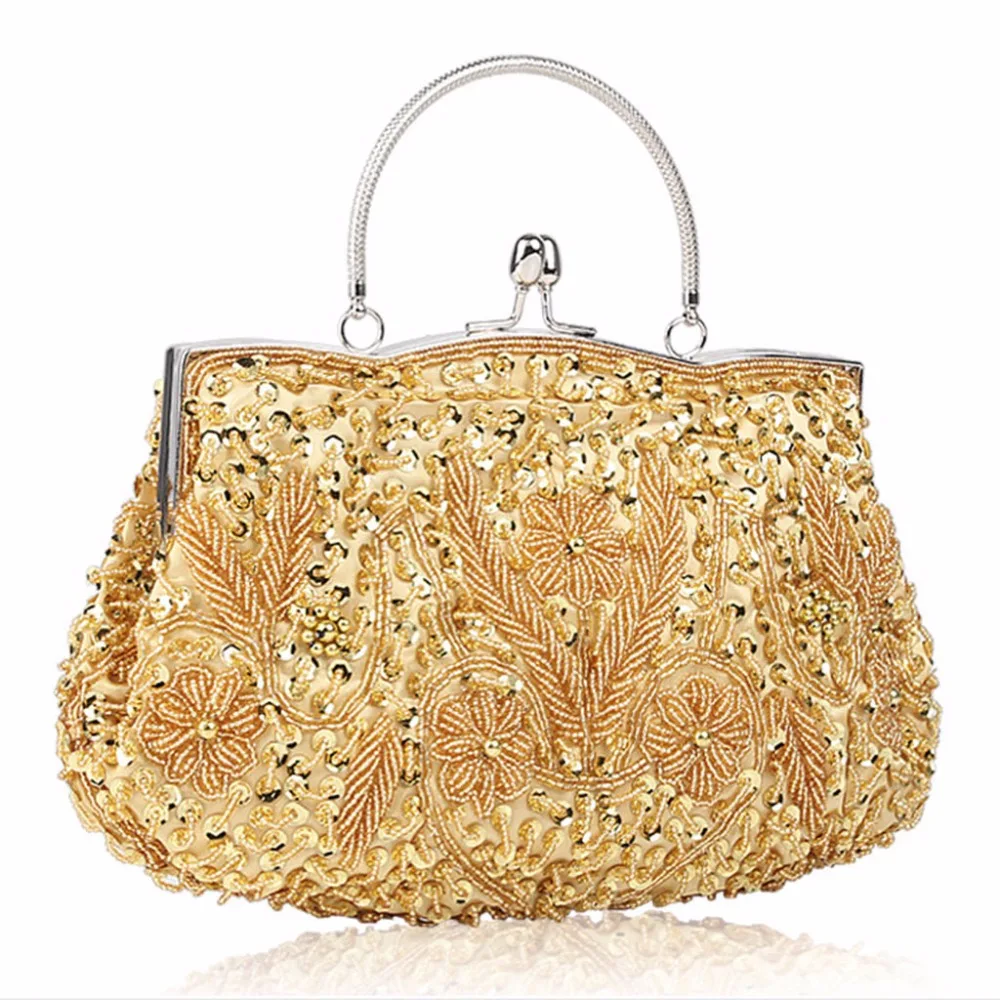 

Women's Vintage Kiss Lock Beaded Sequin Flower Evening Clutch Wedding Purse
