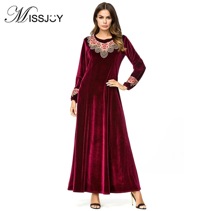 

MISSJOY 2018 New Fashion Moroccan kaftan Dubai Abaya Dress Muslim Women Embroidery Winter Wind Red robe Musulmane longue Elbise