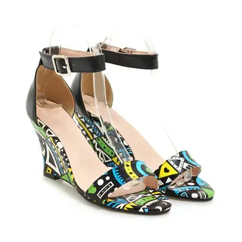 

B2-7 DF Size 34-43 Woman Simple Ankle Wrap Sandals Female Mixed Colors High Heels Shoes Woman Summer Shoes Woman Wedges Shoe
