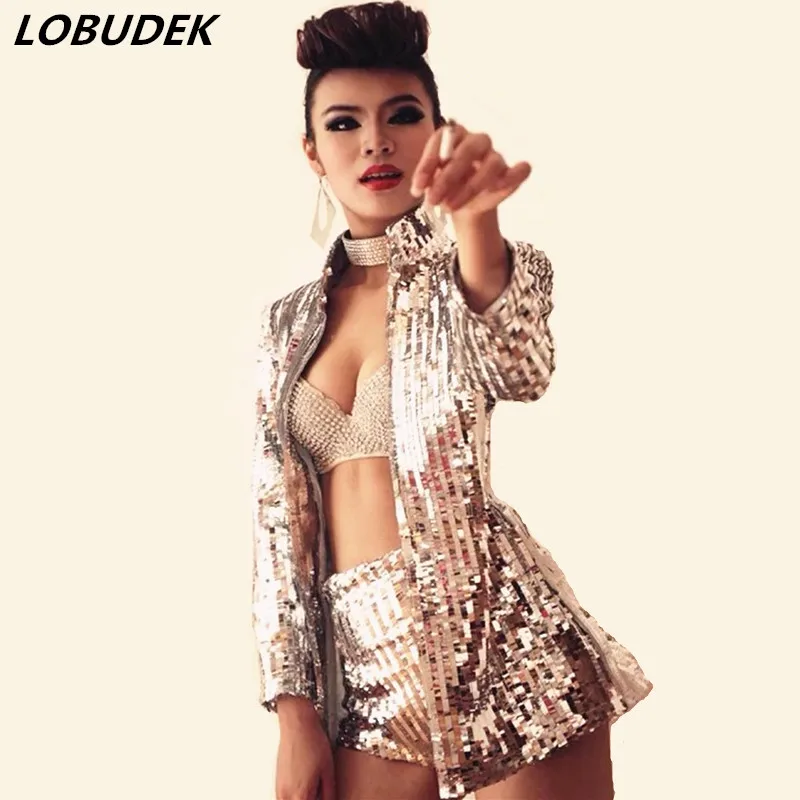 

jacket sequins long jacket stage singer DS DJ nightclub costume photography photo slim coat female sexy show party silver