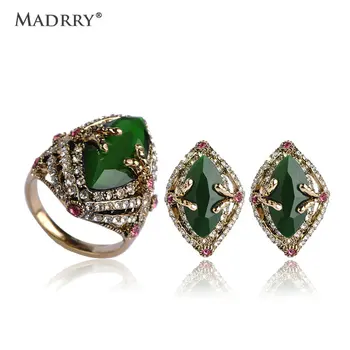 

Dubai Jewelry Sets Earrings & Ring Gold color Green Rhinestone Brincos Stud Earrings Crystal Aros Bridal Wedding Schmuck Sets