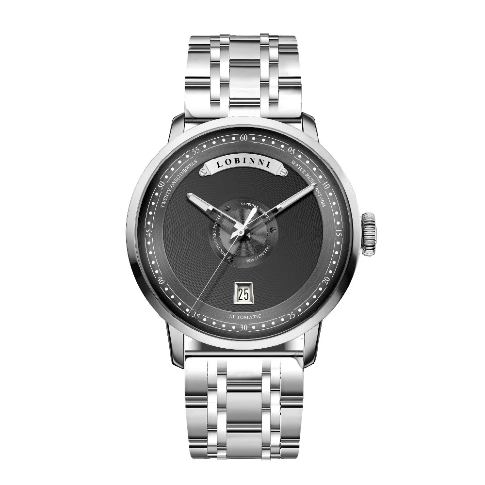 

LOBINNI Mens Business 50M Waterproof Steel / Leather Strap Fashion Dial Automatic Self-wind Mechanical Wrist Watch - Silver