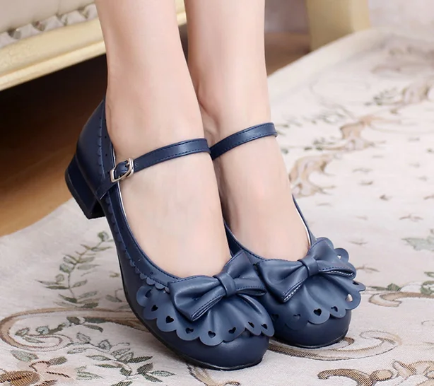 Женские туфли принцессы Мери Джейн в винтажном стиле с оборками и бантиком на низком каблуке красивые туфли Лолиты для костюмированной вечеринки - Цвет: Navy Blue