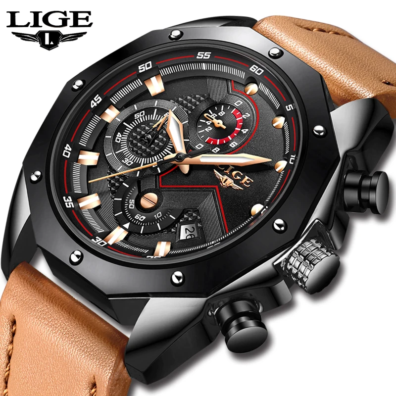 

Relogio LIGE Design Luxury Brand Watches Mens Leather Sport Date Chronograph Quartz Watch Male Gifts Clock Relogio Masculino+Box