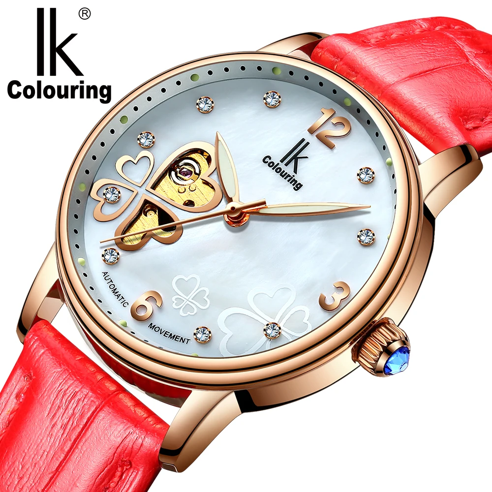 IK цветные женские часы, Скелетон, наручные часы, кожаные, механические, автоматические, Relogio Feminino