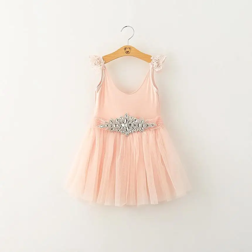 Princess Babies Girls Lace Party Dresses Diamond Lace Belts Puff Sleeve