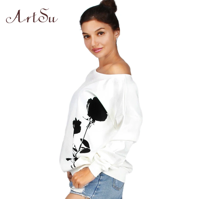  ArtSu Black Flower Printed One Shoulder Sweatshirt for Women Sexy Long Sleeve Casual Loose Autumn W
