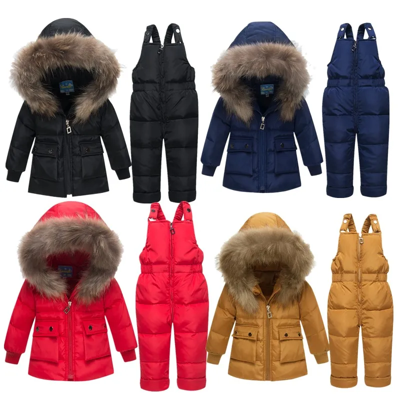 

-30 Winter Big Fur Collar Thickened Down 2-Piece Set Children Warm White Duck Down Clothing Sets Kids Hooded Down Clothing Set