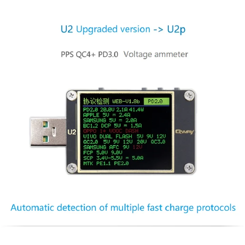 WEB-U2 вольтметр тока USB тестер QC4+ PD3.0 2 PPS протокол быстрой зарядки тест емкости