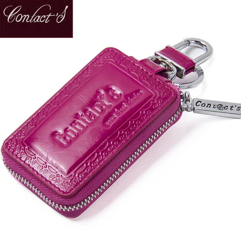 

Contact's Genuine Leather Car Key Wallets Fashion Key Holder Housekeeper Zipper Key Case Bag Unisex Solid Key Wallet Organizer