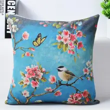 European Garden Blue Painting Flower And Bird Cherry Printing Linen Decorative Throw Pillow Cushion For Office Chair