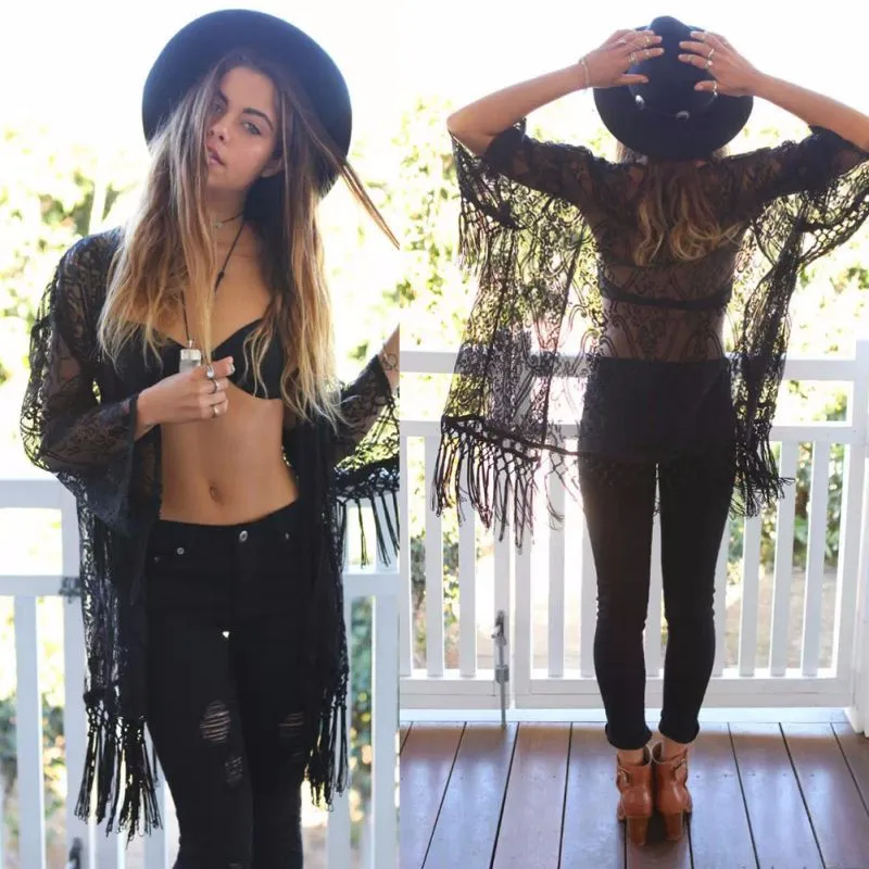 New Summer Women Boho Solid Lace Kimono Cardigan Tassels Beach Cover Up Cape Tops Blouses