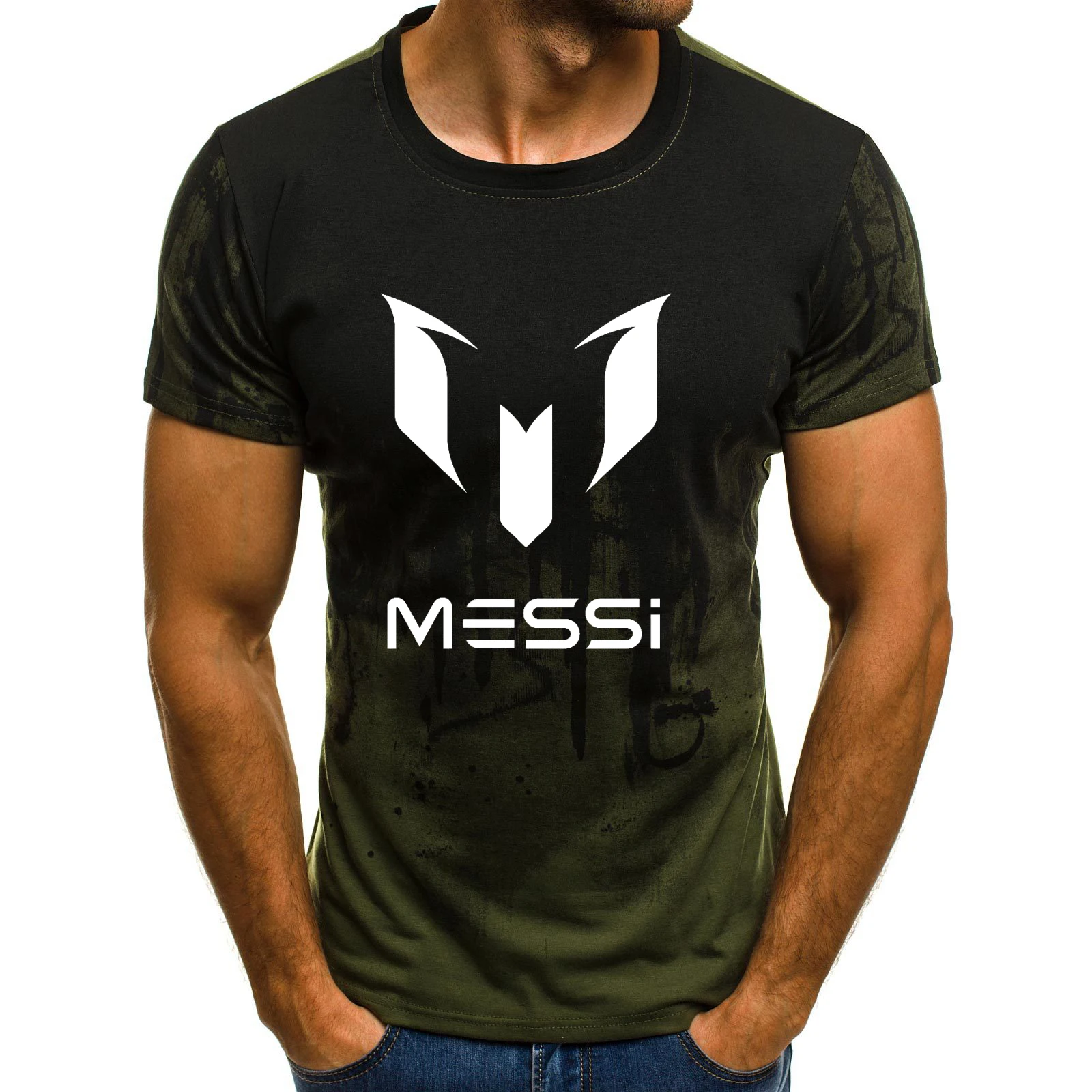 Летние мужские Барселона Месси футболки камуфляж с круглым вырезом мода печатных Хип-Хоп Футболка Camisetas для мужчин костюмы повседневное Топ - Цвет: Army Green