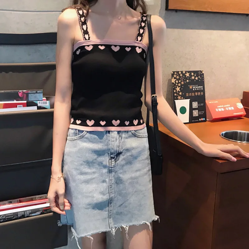 Черный Новые летние Harajuku kawaii Лолита сердце вязать слинг женские майки танки женский тонкий Женский топы - Цвет: Черный