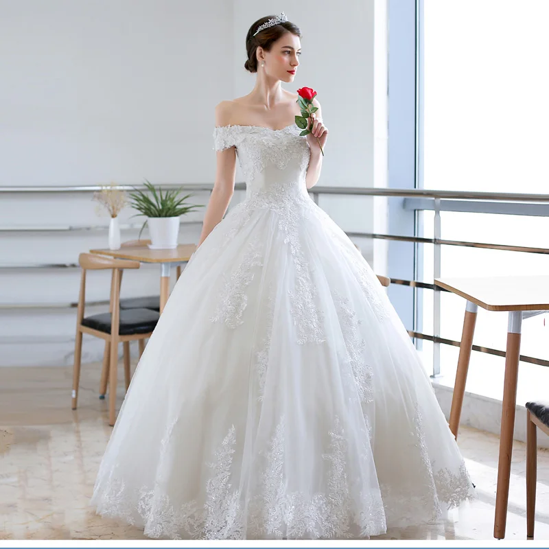 

Do Dower Simple Noble Boat Neck Short Sleeve Wedding Dress Lace Applique Lace Up Floor Length Slim Bride Gown Vestido De Noiva L