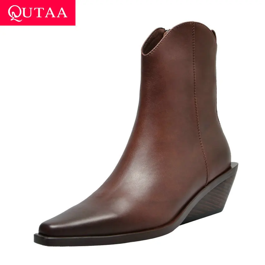 

QUTAA 2020 Retro Brown Square Toe Women Short Boots Middle Heel Genuine Leather Zipper Middle Heel Autumn Ankle Boots Size 34-40