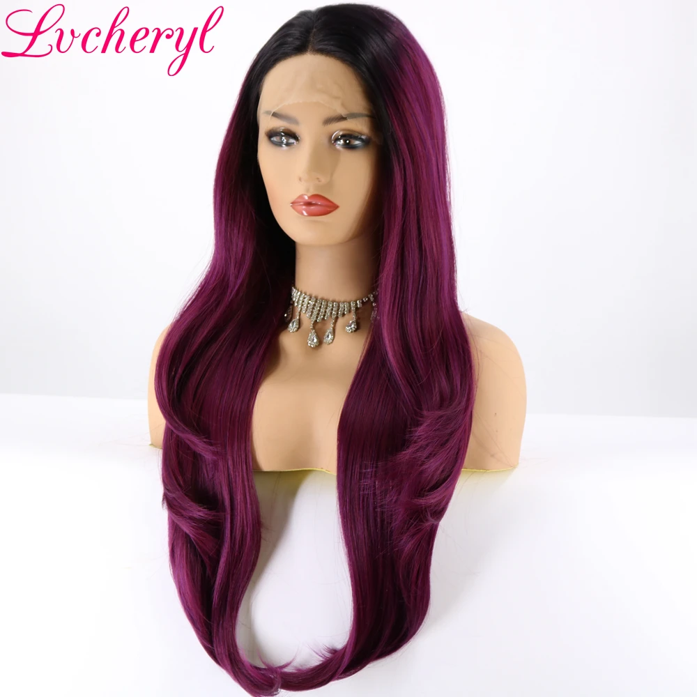 Lvcheryl Natural Long Ombre Black To Mixed Purple Hair High Density Heat Resistant Glueless Synthetic Lace Front Wigs