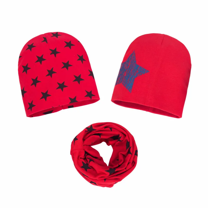 Лидер продаж, Детский комплект с шапками, зимний шарф для девочек, модная шапка для мальчиков, Детские хлопковые шапочки, шарф с кольцом, шарф для мальчиков и девочек - Цвет: red star 3pcs