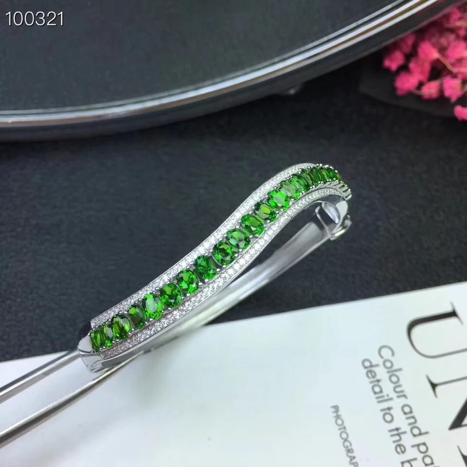 Natural green diopside gem bangle S925 silver natural gemstone Fashion elegance surround Row wave woman birthday gift | Украшения и