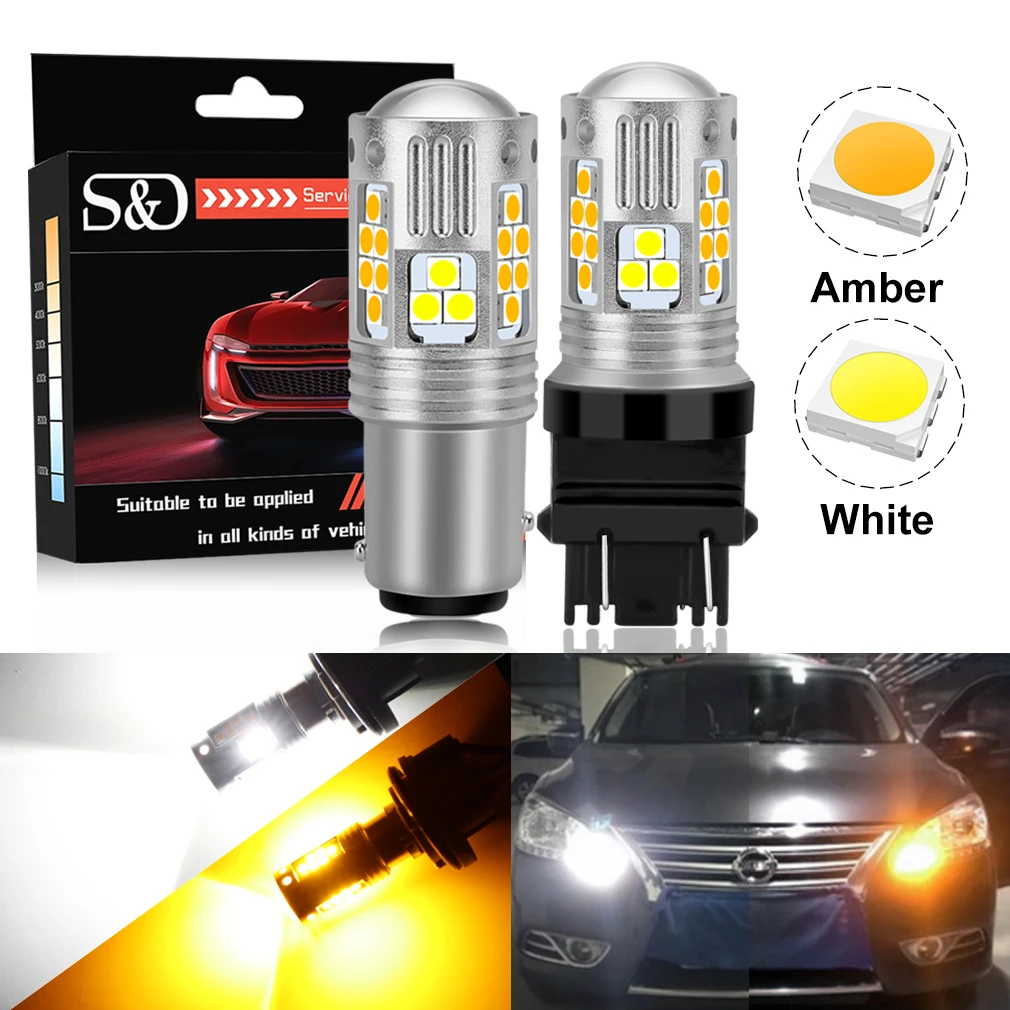 2Pcs 7443 3157 LED Dual Color Amber White Turn Signal Light Daytime Running Lamp
