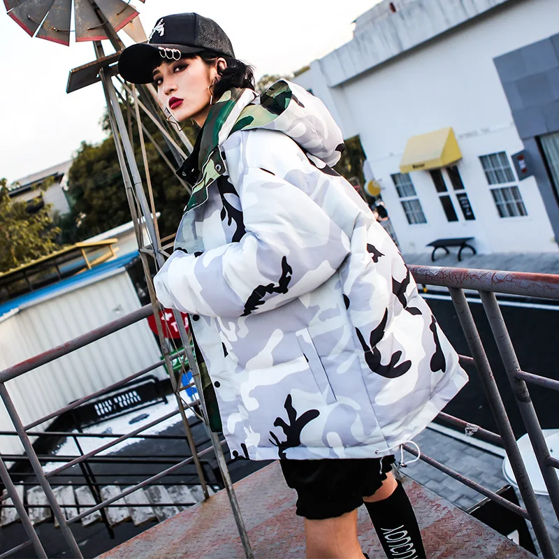 

New women's cotton coat 2018 autumn and winter coat women positive and negative wear double-sided camouflage hooded jacket