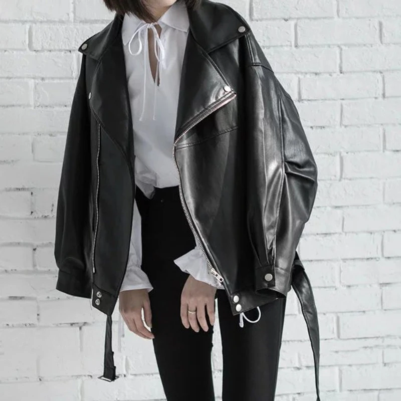 [EAM] Высокое качество, весна, черная Свободная куртка из искусственной кожи с отложным воротником на молнии, модная Новая женская куртка LA938 - Цвет: black