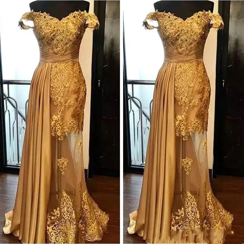 

2019 Off The Shoulder Long Evening Dresses Arabic Golden Tulle Applique Ruched Sweep Train Illusion Skirt Formal Evening Gown