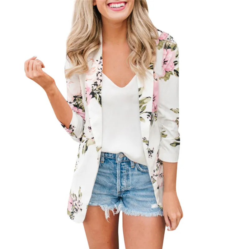

2019 Autumn Womens Jackets Flower Printed Long Sleeve Blazer Coat Casual Style Slim Fashion White Office Clothes Hot Sale Female