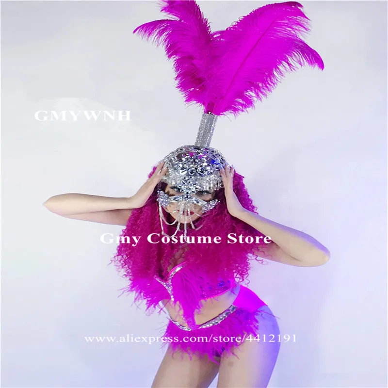 

DC52 Party pink feather headdress singer perform feather stage costumes dance dress female wears bodysuit bar diamonds mask club
