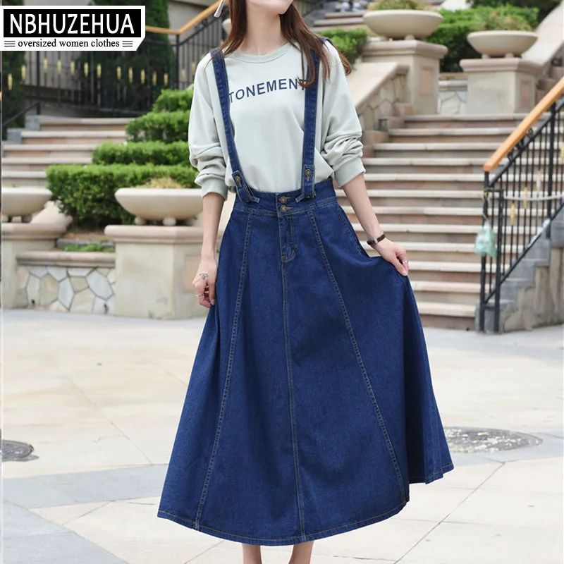 NBHUZEHUA T855 3XL 4XL 5XL Women Denim Suspender Skirt Long Korean